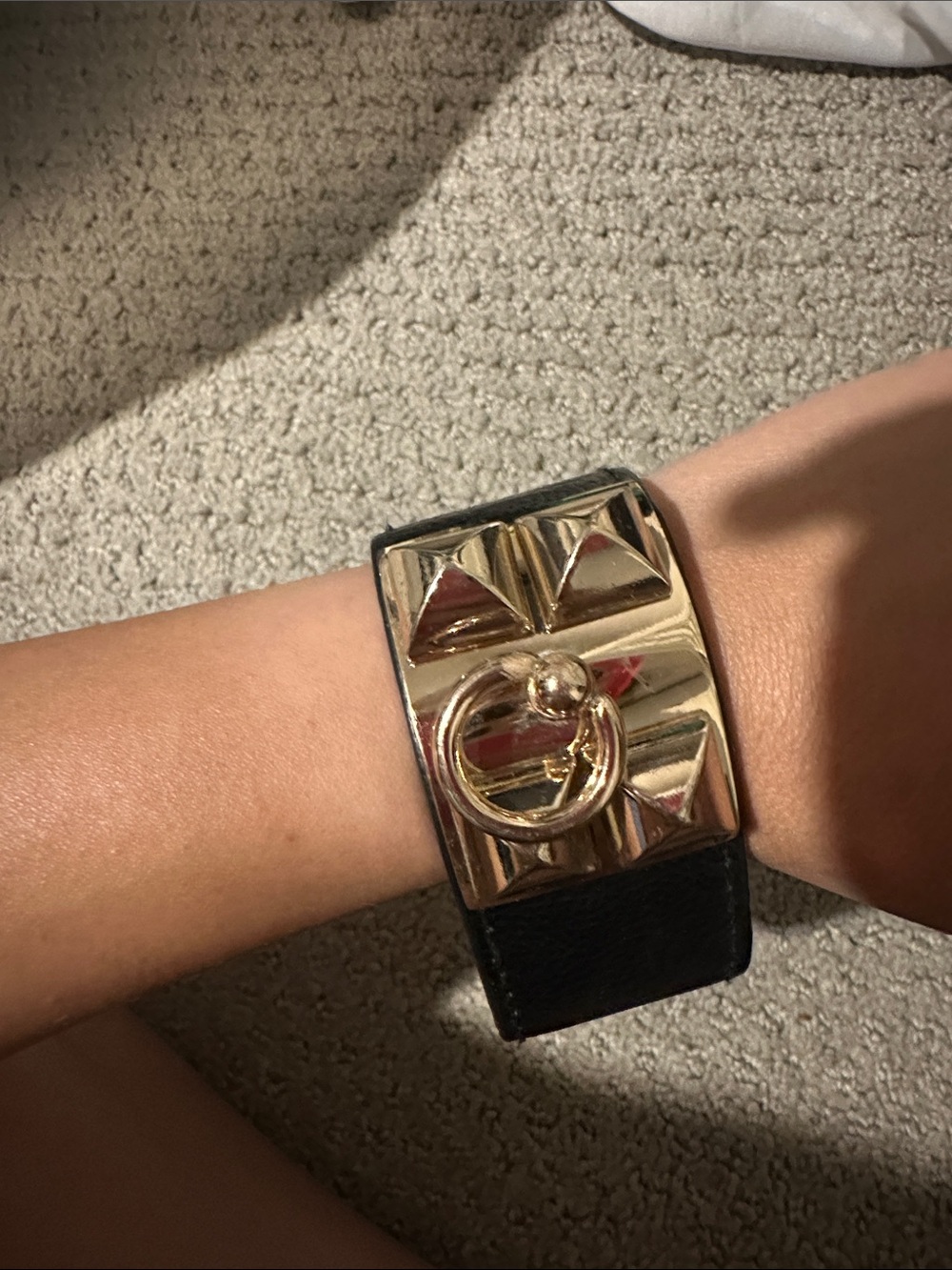 Gold-Tone Pyramid Stud Leather Bracelet - Black